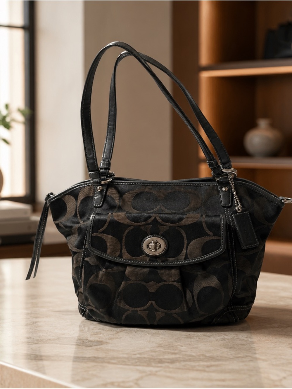 Coach Black and Dark Brown Signature Jacquard Shoulder Bag with Turn-Lock Pocket